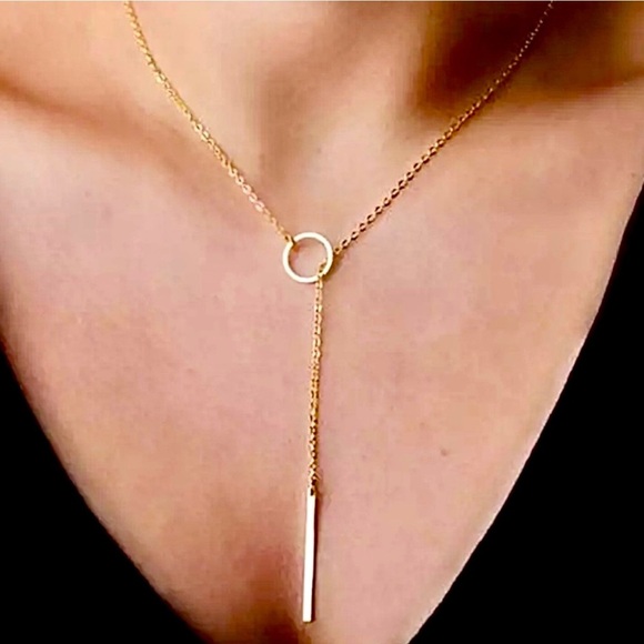 New GOLD long chain wrap around necklace w bar pendant minimalist - Picture 1 of 4